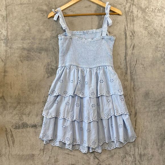 SINCERELY JULES Boho Baby Blue‎ Smocked Tiered Eyelet Dress 100% Cotton Sz L - Picture 2 of 3